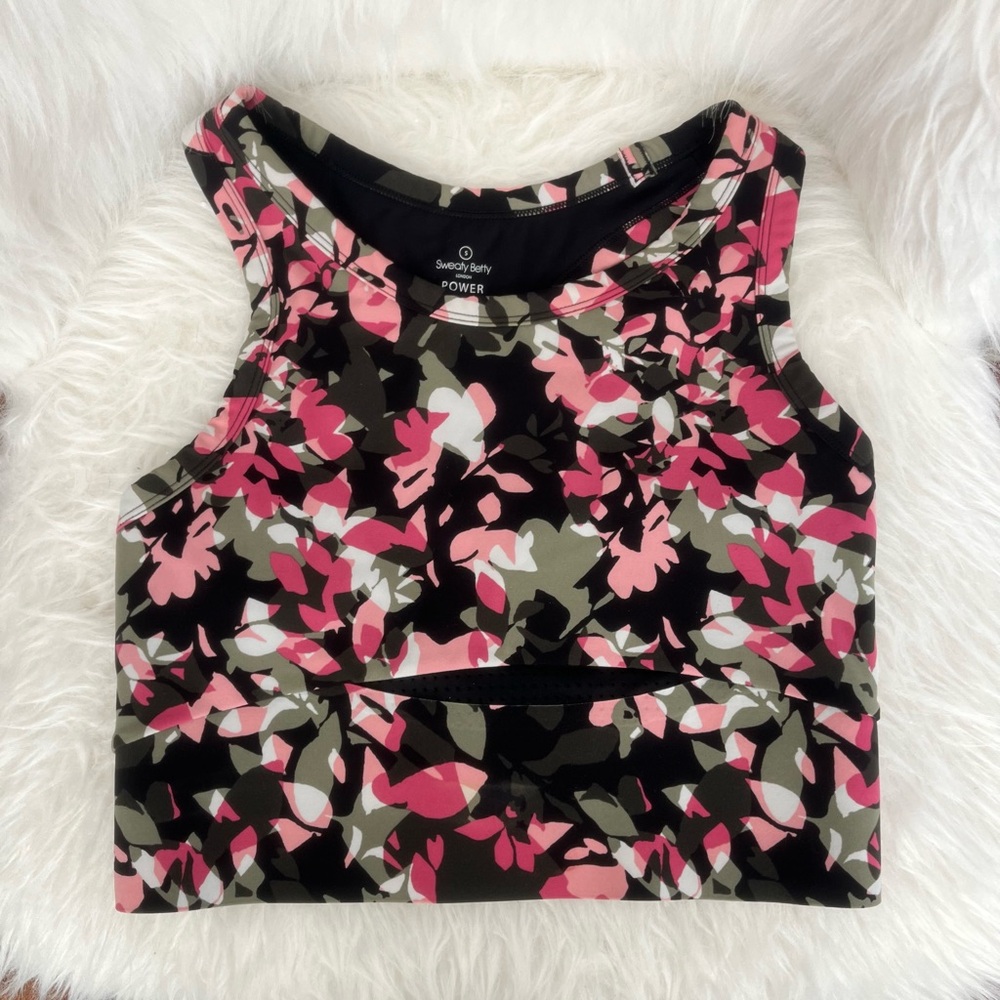 Sweaty Betty Power Racerback Sports Bra Black Pink Floral Mesh Small
